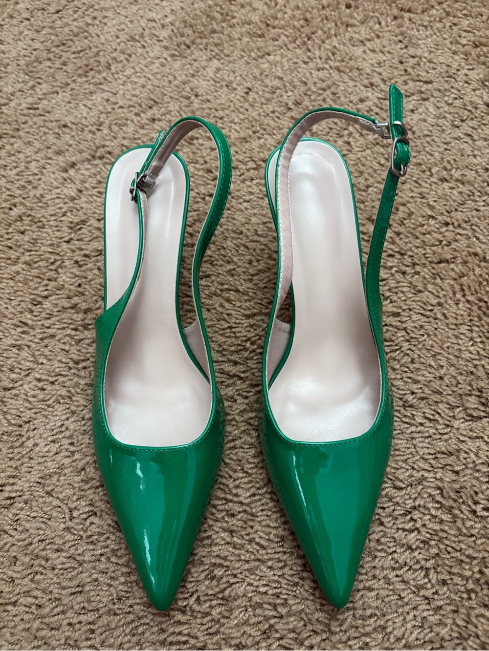 Green Patent Slingback Pointed-Toe Pumps with Adjustable Strap